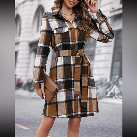 Dresses & Skirts - Classic Elegant Plaid Check Print Shirt Belted Dress